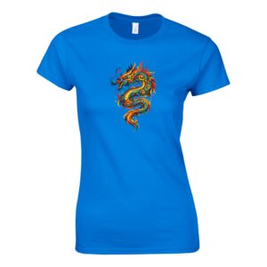 T-shirt bleu royal dragon femme classique col ras du cou