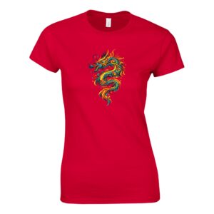 T-shirt rouge dragon femme classique ras du cou