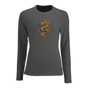 T-shirt gris charbon dragon femme ajusté manches longues