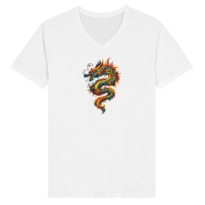 T-shirt blanc dragon unisexe premium col en V