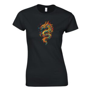 T-shirt noir dragon femme classique ras du cou
