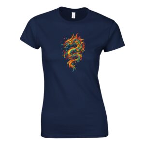 T-shirt bleu marine dragon femme col rond classique