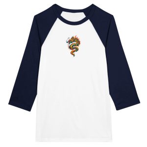 T-shirt dragon raglan unisexe blanc et bleu marine