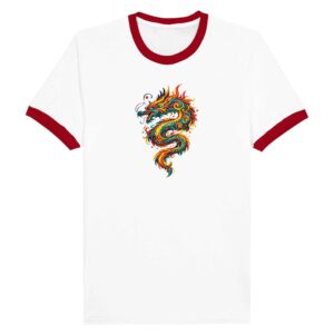T-shirt dragon unisexe Ringer blanc et rouge