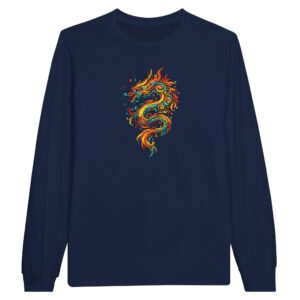 T-shirt bleu marine dragon unisexe manches longues