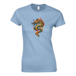 T-shirt bleu clair dragon femme classique ras du cou