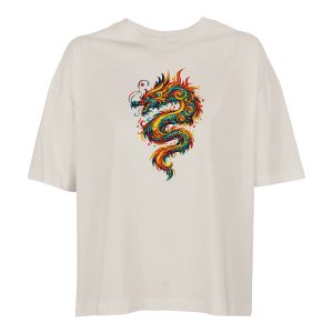 T-shirt dragon femme ample blanc cassé coton bio