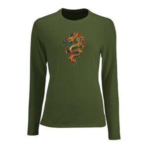 T-shirt kaki charbon dragon femme ajusté manches longues