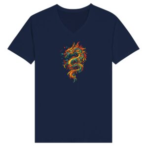 T-shirt bleu marine dragon unisexe premium col V