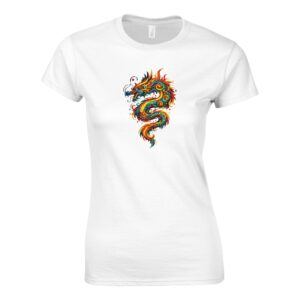 T-shirt blanc dragon femme classique ras du cou
