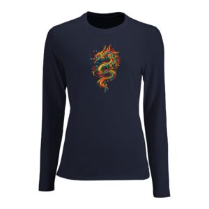 T-shirt bleu marine dragon femme ajusté manches longues