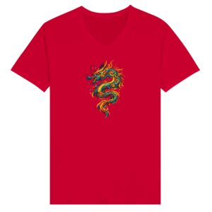 T-shirt rouge dragon unisexe premium col en V