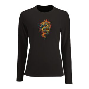 T-shirt noir dragon femme ajusté manches longues