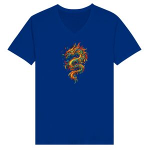 T-shirt bleu royal dragon unisexe premium col V