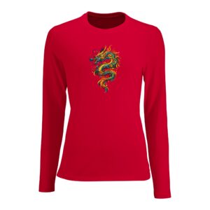 T-shirt rouge dragon femme ajusté manches longues