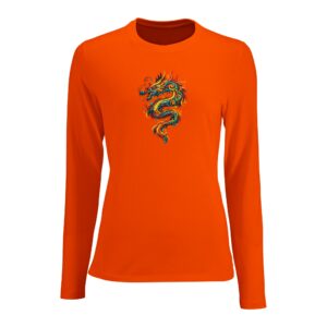 T-shirt orange dragon femme ajusté manches longues