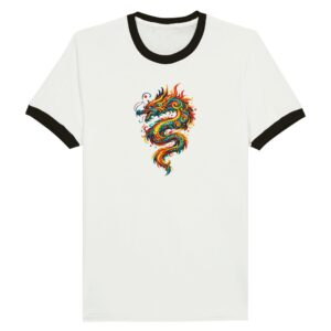T-shirt dragon unisexe Ringer blanc et noir
