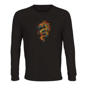 T-shirt dragon noir unisexe manches longues coton bio
