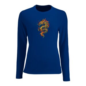 T-shirt bleu royal dragon femme manches longues ajusté