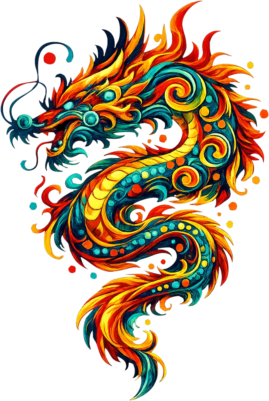 Le dragon Dragonstee : dragon d’Asie serpentin aux écailles turquoise et à la crinière de flammes orange